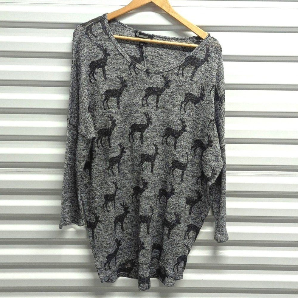 Whimsigoth Deer Print Longline Sweater Grunge Forestcore Made in USA Size Large
